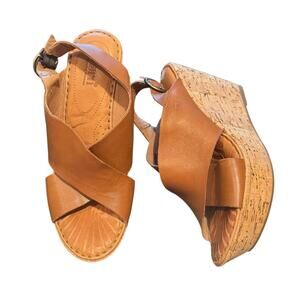 Born Platform Cork Wedge Slingback Crossover Sandals Brown Leather Size 7